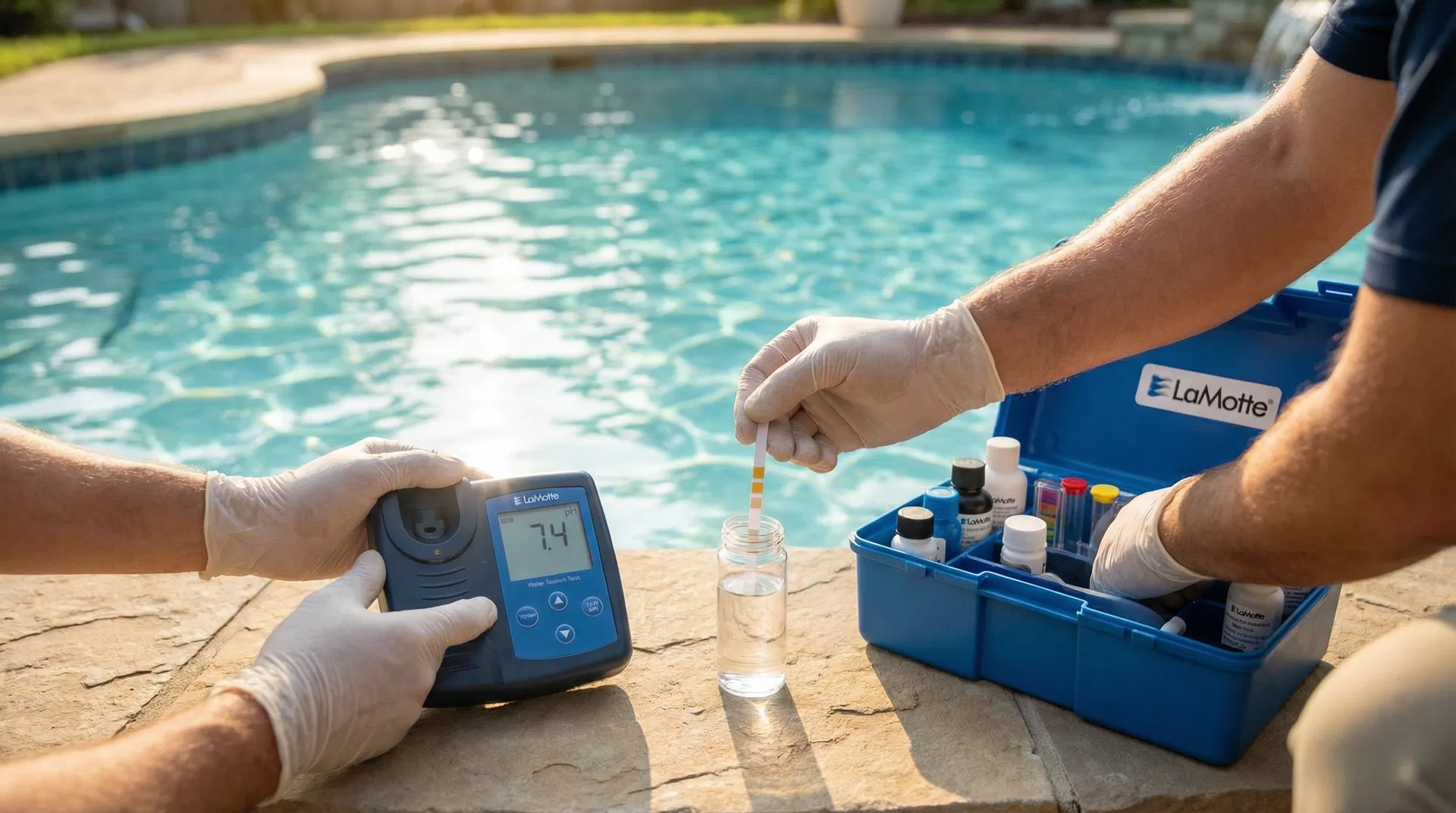 Aqua Buoys pool technician checking water quality